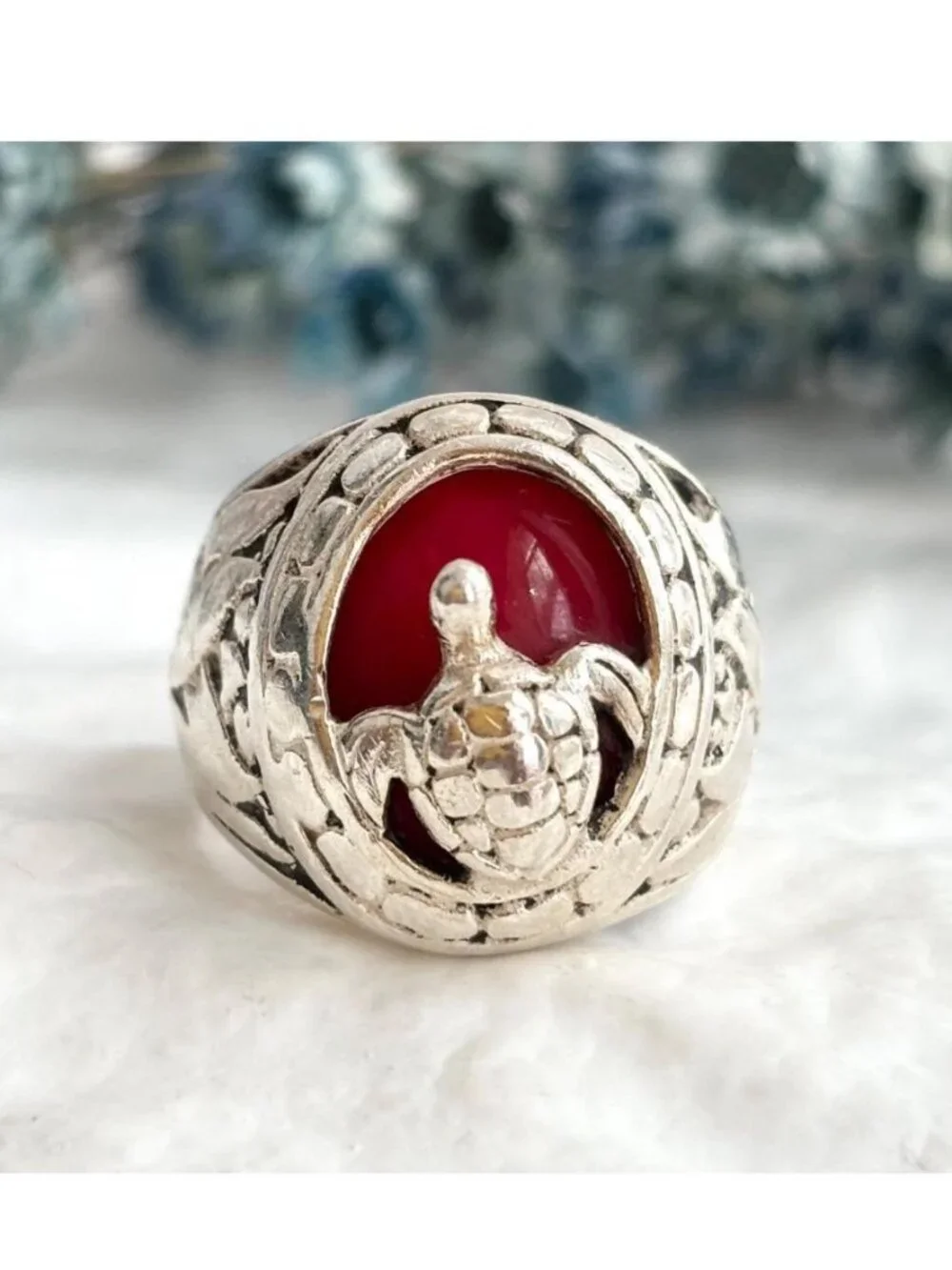 Carnelian Stone Turtle Figural Oval Sterling Silver 925 Vintage Ring - sz 6